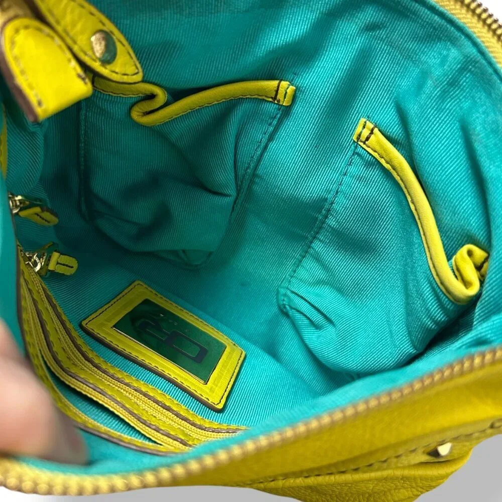 Oryany Bright Yellow Leather Shoulder Bag Purse Turq Lining Gold Hardware